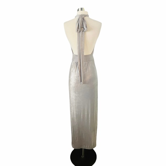 T. ZOVICH Maxi Dress Slinky Metallic Silver Multiway Halter Open Back Slits S/M - Picture 9 of 10